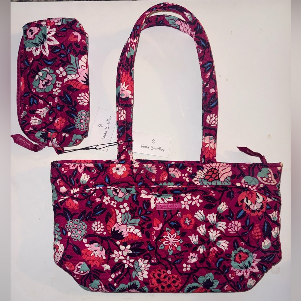 Vera Bradley tote bag and matching accessories pouch in the "Bloom Berry"